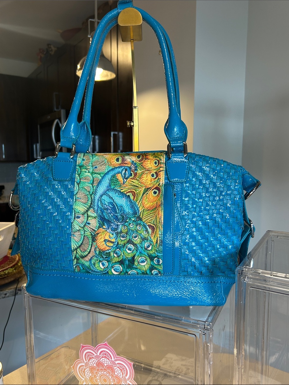 Sharif Turquoise Cross Stitch Peacock Woven Leather Satchel 14”x 4”x 10.5” EUC - Picture 3 of 8